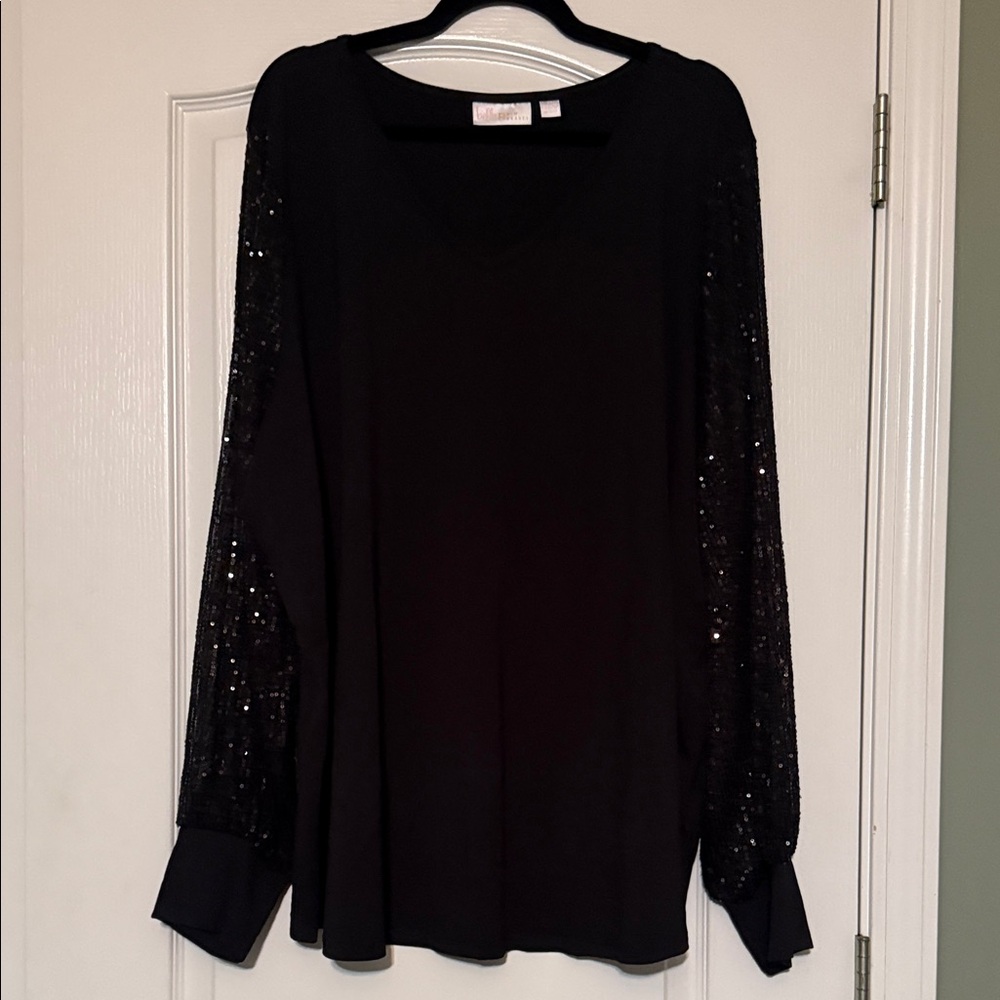 Black Sequin Sleeve Women's Top